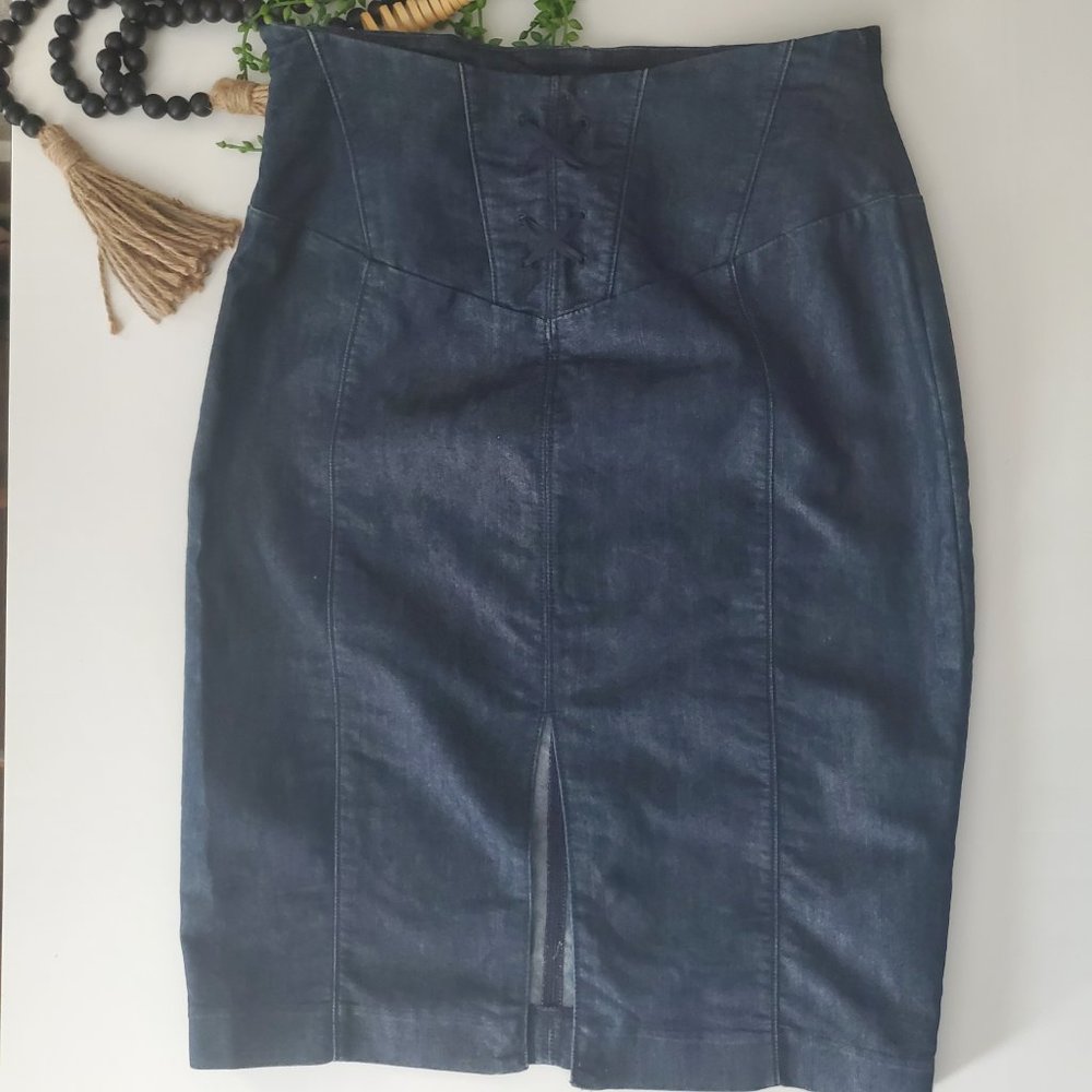 Express I Navy Blue Denim Pencil Skirt, High Waist, Lace Detail, slit op…